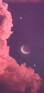 Night sky wallpaper with pink clouds and moon.