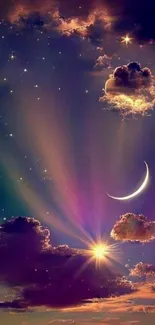 Dreamy night sky wallpaper with crescent moon and stars.