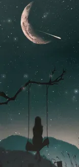 Silhouette on swing beneath a crescent moon and stars.