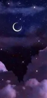 Dreamy night sky with crescent moon and stars.