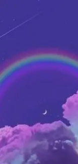 Dreamy night sky wallpaper with rainbow and clouds.