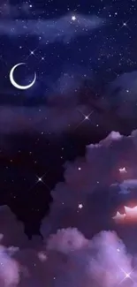 Dreamy night sky with crescent moon and stars.