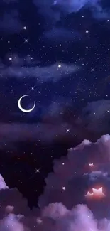 Dreamy night sky wallpaper with a crescent moon and stars.