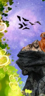 Dreamy night sky with animals on rock and green hearts.