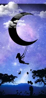 Girl on crescent swing in a starry purple night sky.