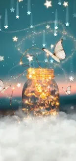 Dreamy night sky with jar and butterflies glowing amidst stars.