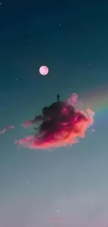 Dreamy wallpaper with moon, cloud, and rainbow in a night sky.