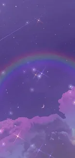 Magical purple night sky with rainbow and stars, creating a dreamy atmosphere.