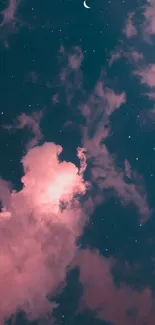 Mobile wallpaper of a dreamy night sky with pink clouds and crescent moon.