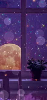 Purple night sky with stars and moon through a window.