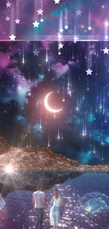 Dreamy night sky with crescent moon and stars, creating a magical atmosphere.