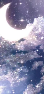 Dreamy night sky wallpaper with a crescent moon and sparkling stars.