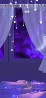 Dreamy night sky with purple hues and stars seen through a window.