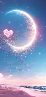 Dreamy night sky with crescent moon and heart-shaped cloud in pink and blue hues.