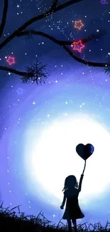 Silhouette of a girl holding a heart balloon under a starry night sky.