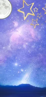 Dreamy night sky wallpaper with galaxy, stars, and glowing moon.