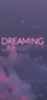 Dreamy night sky wallpaper with neon text and clouds.