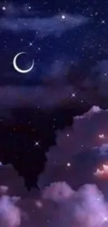 Dreamy night sky with stars and crescent moon above purple clouds.