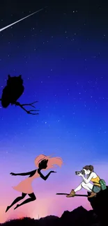 Silhouette art with shooting star in a dreamy night sky wallpaper.