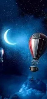 Dreamy night sky with hot air balloons and crescent moon.