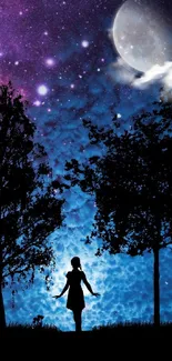 Silhouetted girl under starry night sky with trees and moonlit backdrop.