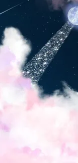 Dreamy night sky wallpaper with moonbeam and pink clouds.