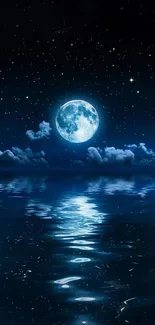 Night sky wallpaper with a glowing full moon and starry reflections on water.