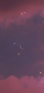 Night sky wallpaper with crescent moon and stars in purple hues.