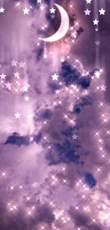 Purple night sky wallpaper with crescent moon and sparkly stars.