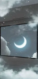 Dreamy night sky wallpaper with crescent moon and clouds.