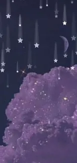 Dreamy purple night sky with stars and clouds.