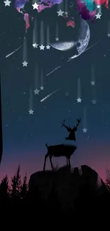 Silhouette of a deer under a vibrant starry night sky.