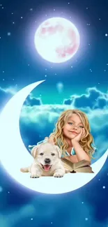 Girl and puppy on crescent moon with dreamy night sky.