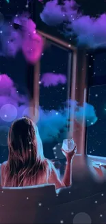 Dreamy sky with woman and stars in cosmic bath scene.