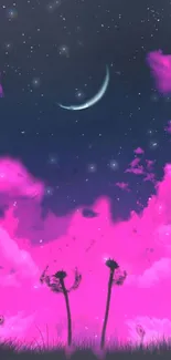 Dreamy night sky with crescent moon and magenta clouds.