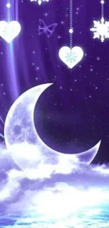 Dreamy night sky wallpaper with moon, butterflies, and hearts.