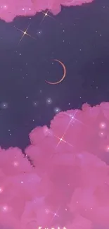 Dreamy night sky wallpaper with pink clouds and crescent moon.