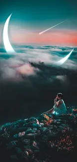 Person sitting with glowing crescent moons in a mystical mountain night sky.