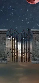 Dreamy night sky wallpaper with gate and red moon.