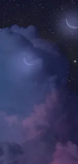 Dreamy night sky with clouds and crescent moons wallpaper.