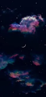 Dreamy night sky with crescent moon and colorful clouds.