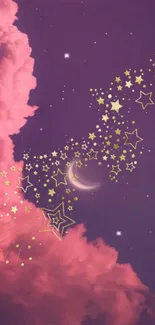 Purple night sky with golden stars and pink clouds wallpaper.