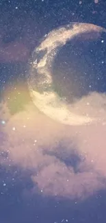 Dreamy night sky wallpaper with a crescent moon and clouds.