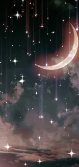 Wallpaper of a crescent moon and stars in a dreamy night sky.