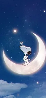 Cartoon dog on crescent moon in a starry night sky.