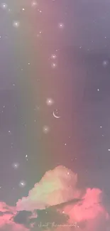 Crescent moon among rainbow clouds, serene night sky wallpaper.