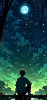 Anime figure gazing at a starry night sky with moon.