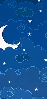 Whimsical blue night sky with moon, clouds, and stars.