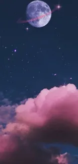 A dreamy night sky with moon and pink clouds.