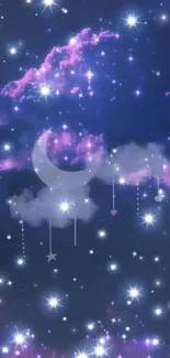 Dreamy night sky wallpaper with stars and crescent moon on a dark purple background.